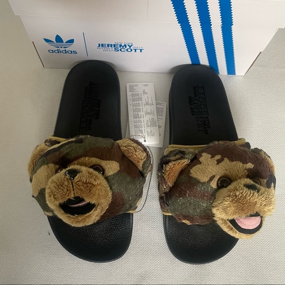 Adidas X Jeremy Scott Camo Teddy Bear Adilette Slides - Picture 4 of 9